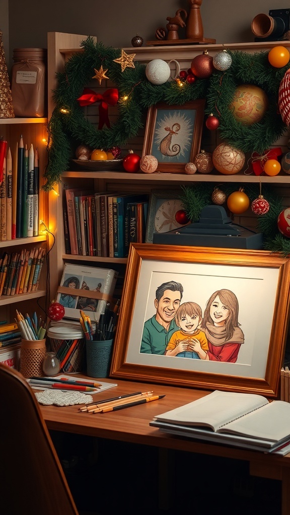 A framed family portrait drawing on a desk with Christmas decorations.
